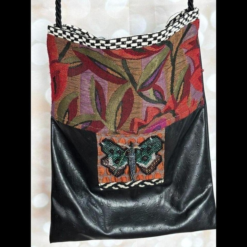 Veranda Wear Beaded Butterfly Tapestry Bag Black Faux Leather‎ Rope Strap